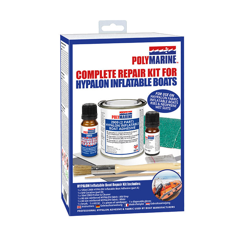 PolyMarine complete repair kit for hypalon inflatable boats packaging on a white background