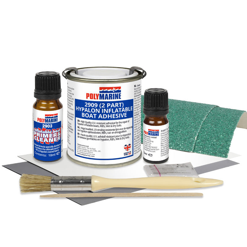 PolyMarine boat adhesive kit with bottles, brush, and sandpaper on a white background