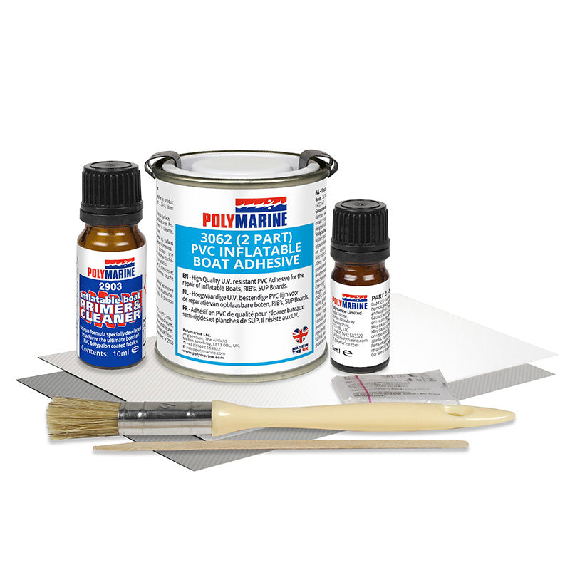 PolyMarine boat maintenance kit with glue, primer cleaner, brush