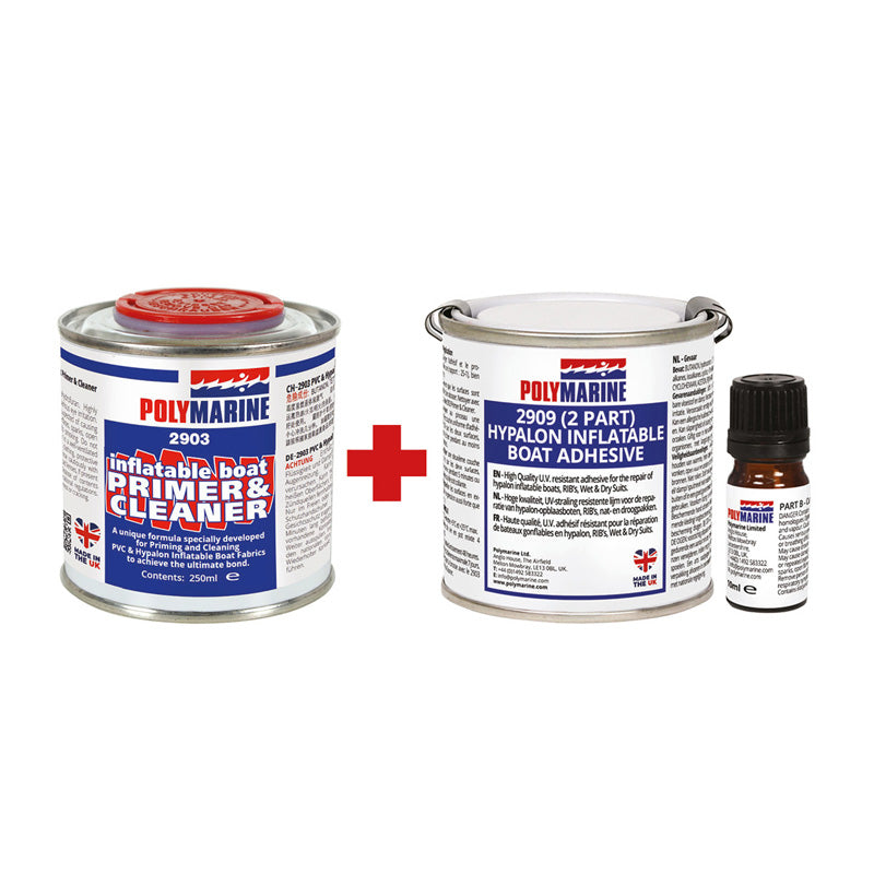 PolyMarine inflatable boat products, includes glue and cleaner