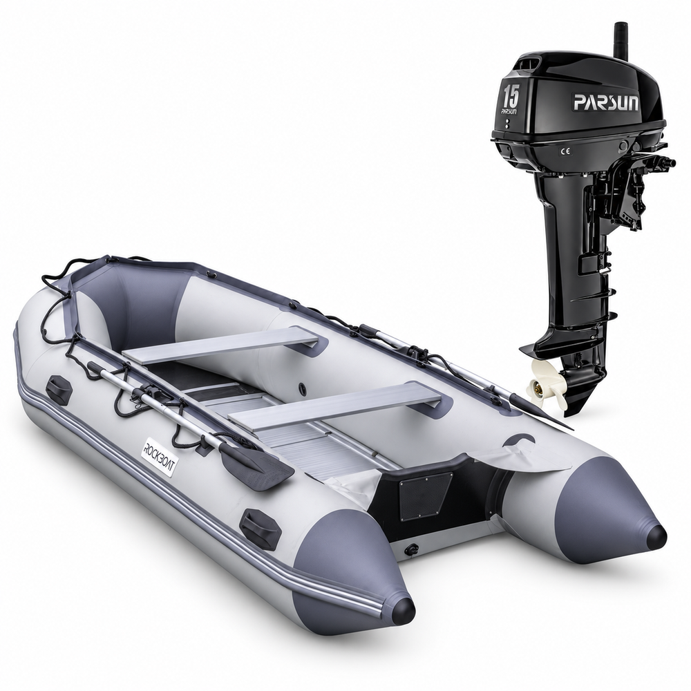 Grey Rockboat Sport 360 inflatable boat and Parsun 15HP outboard package
