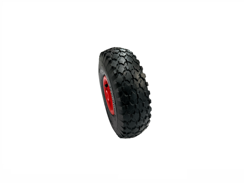 black tire with a red wheel cover