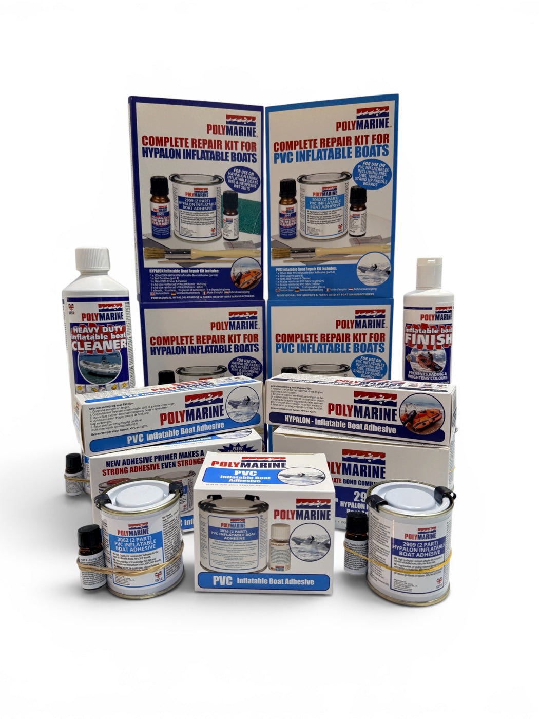 Inflatable boat repair kits and adhesives